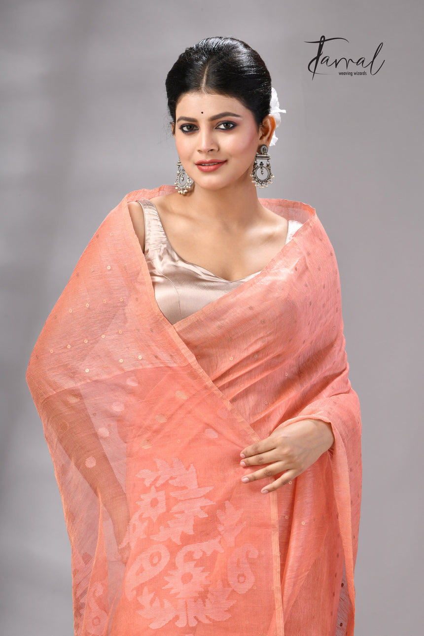 Peach tissue silk linen handwoven needle work jamdani saree