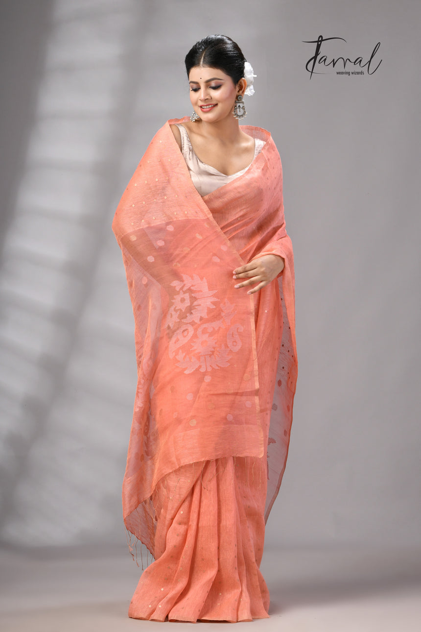 Peach tissue silk linen handwoven needle work jamdani saree