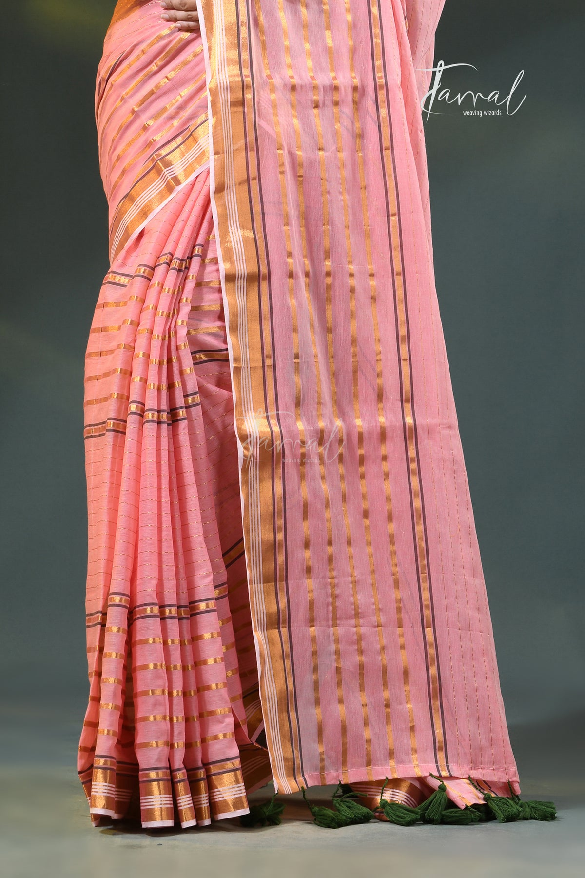 Pink with zari striped mulmul cotton handloom saree
