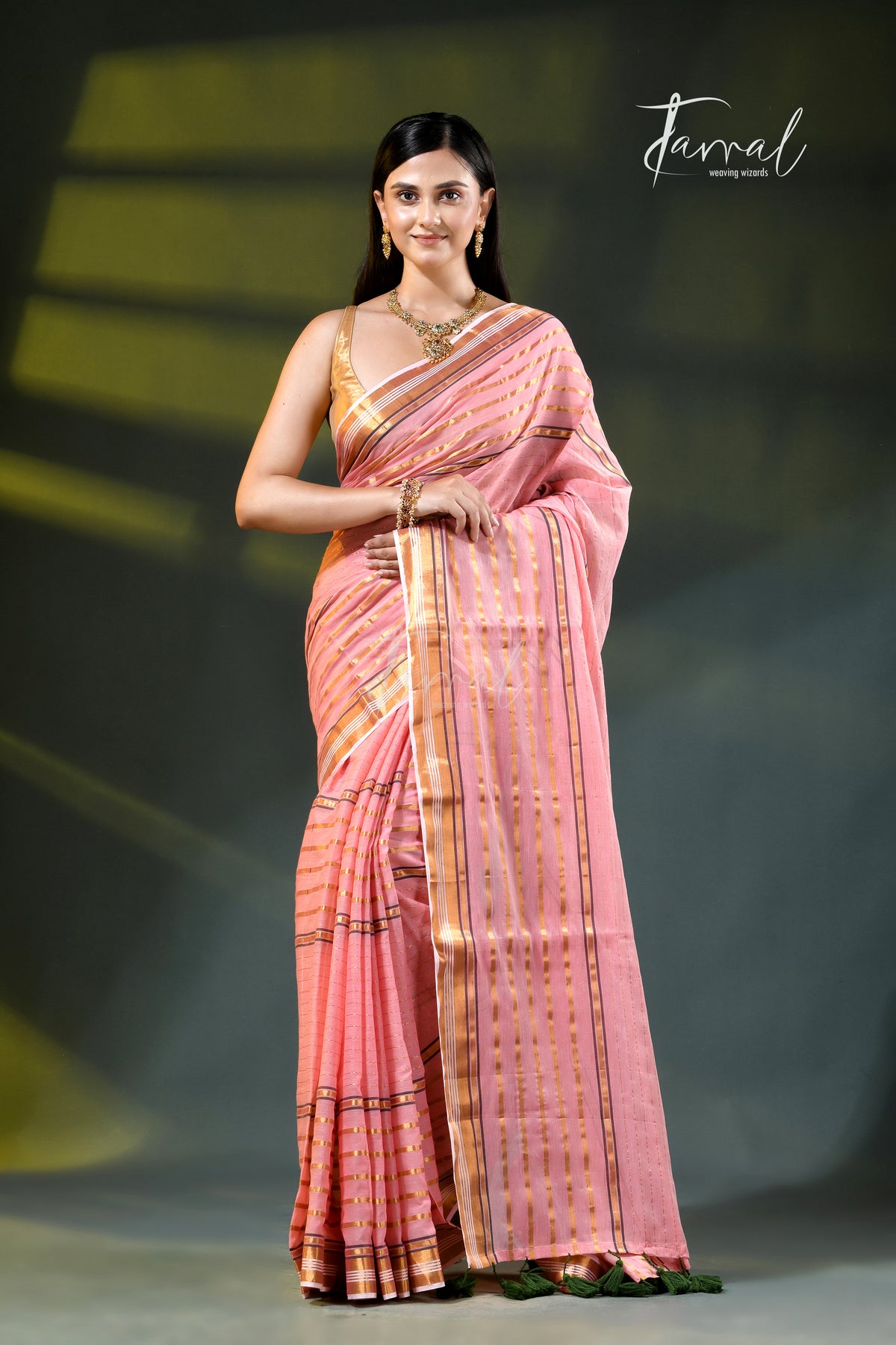 Pink with zari striped mulmul cotton handloom saree