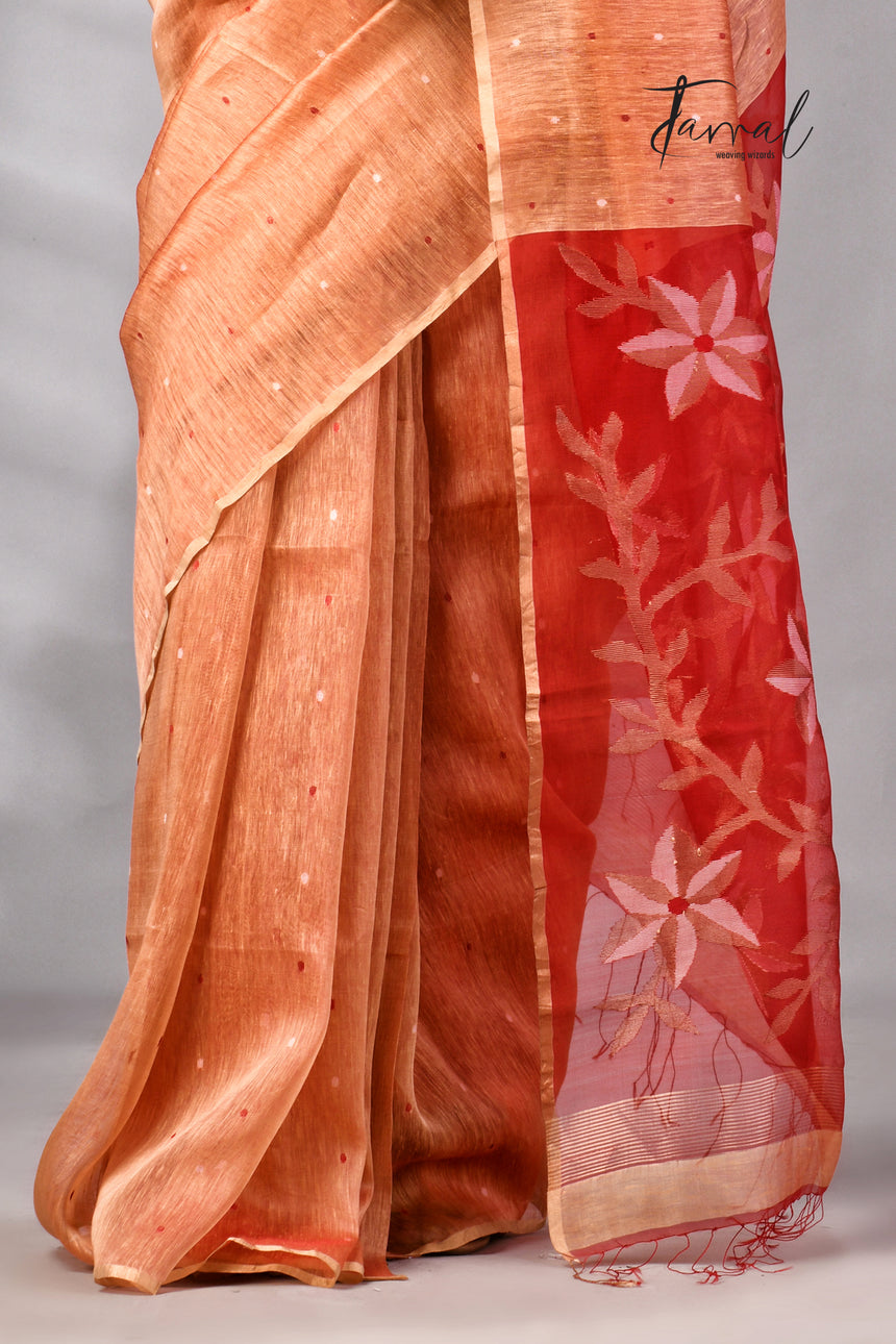 Saffron With Zari Border Silk Linen Handwoven Jamdani Saree