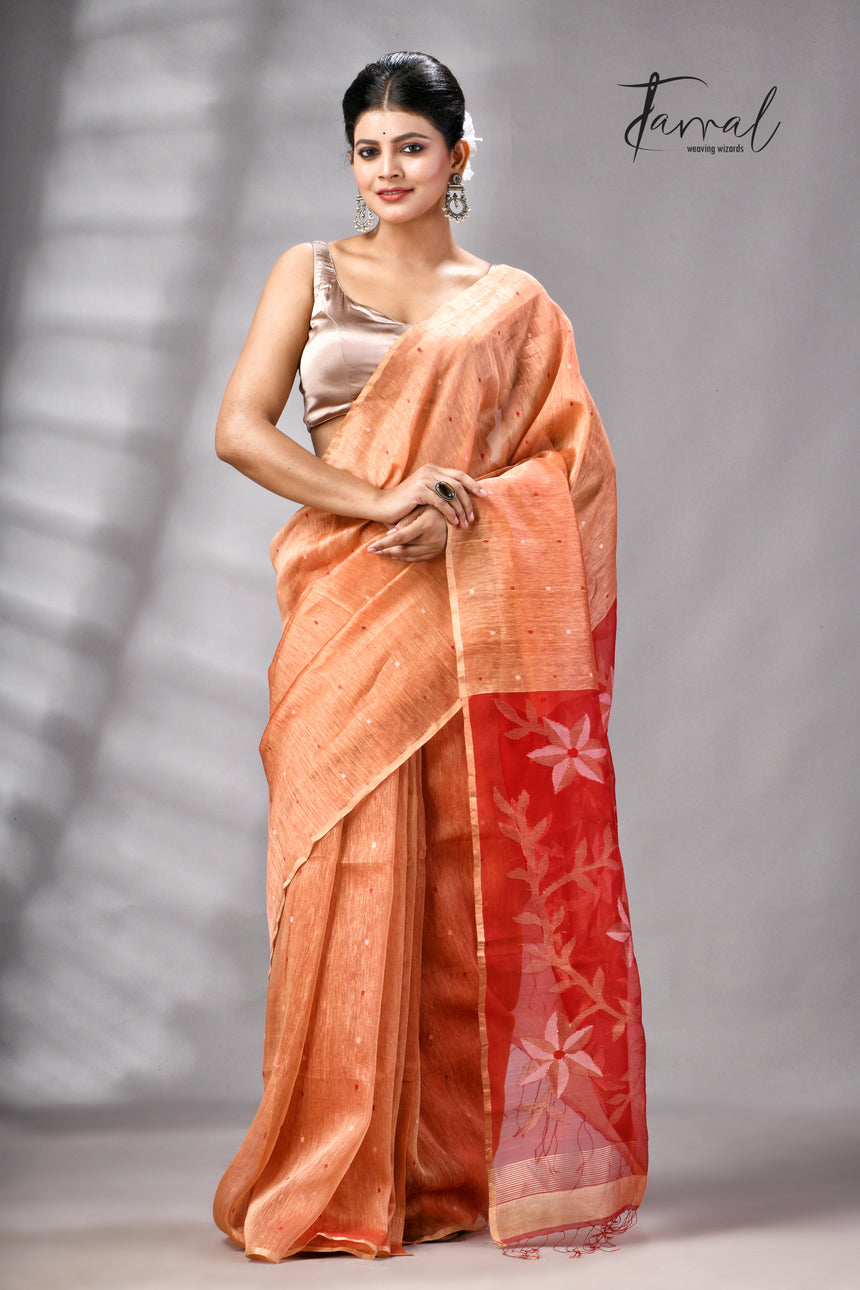 Saffron With Zari Border Silk Linen Handwoven Jamdani Saree