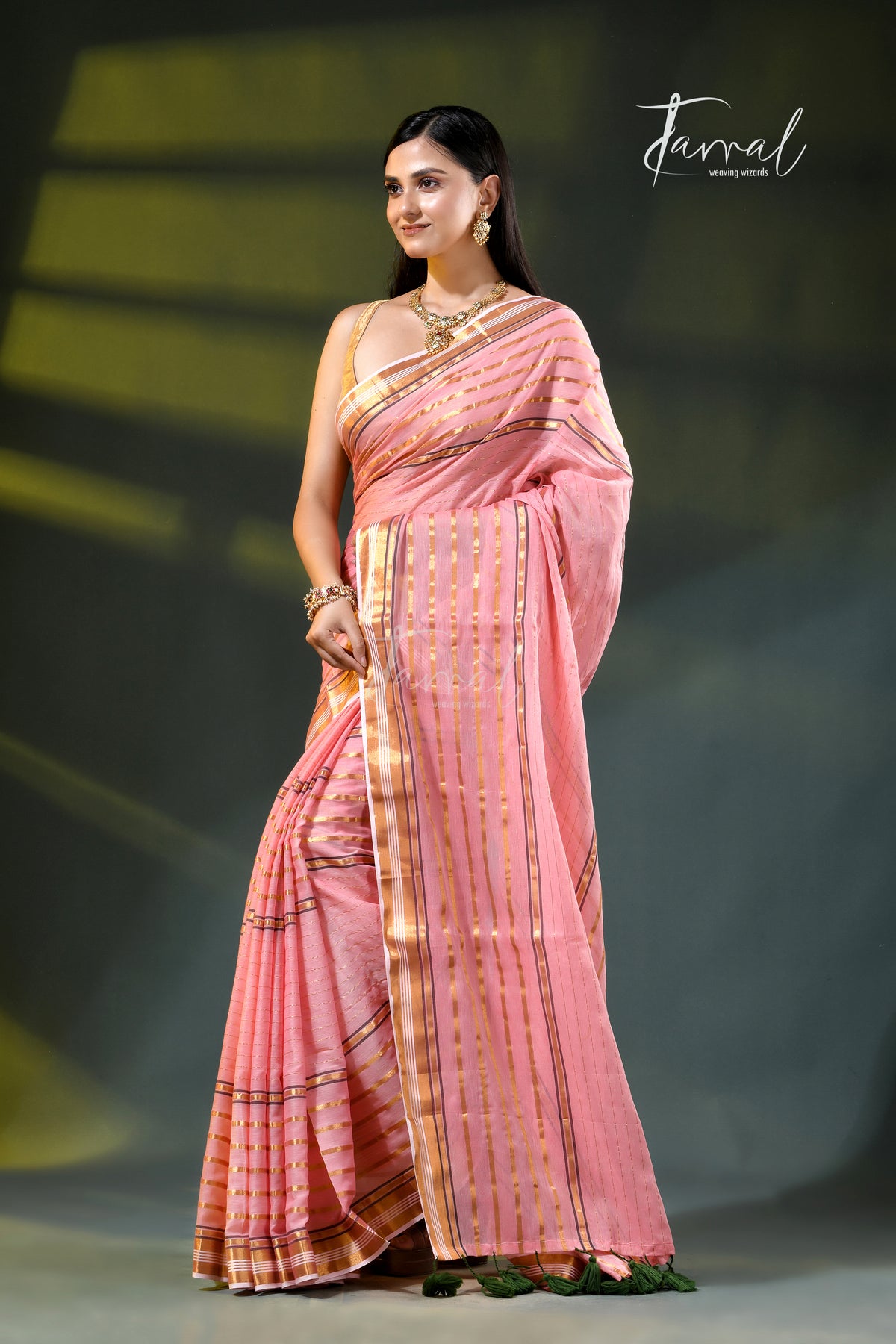 Pink with zari striped mulmul cotton handloom saree