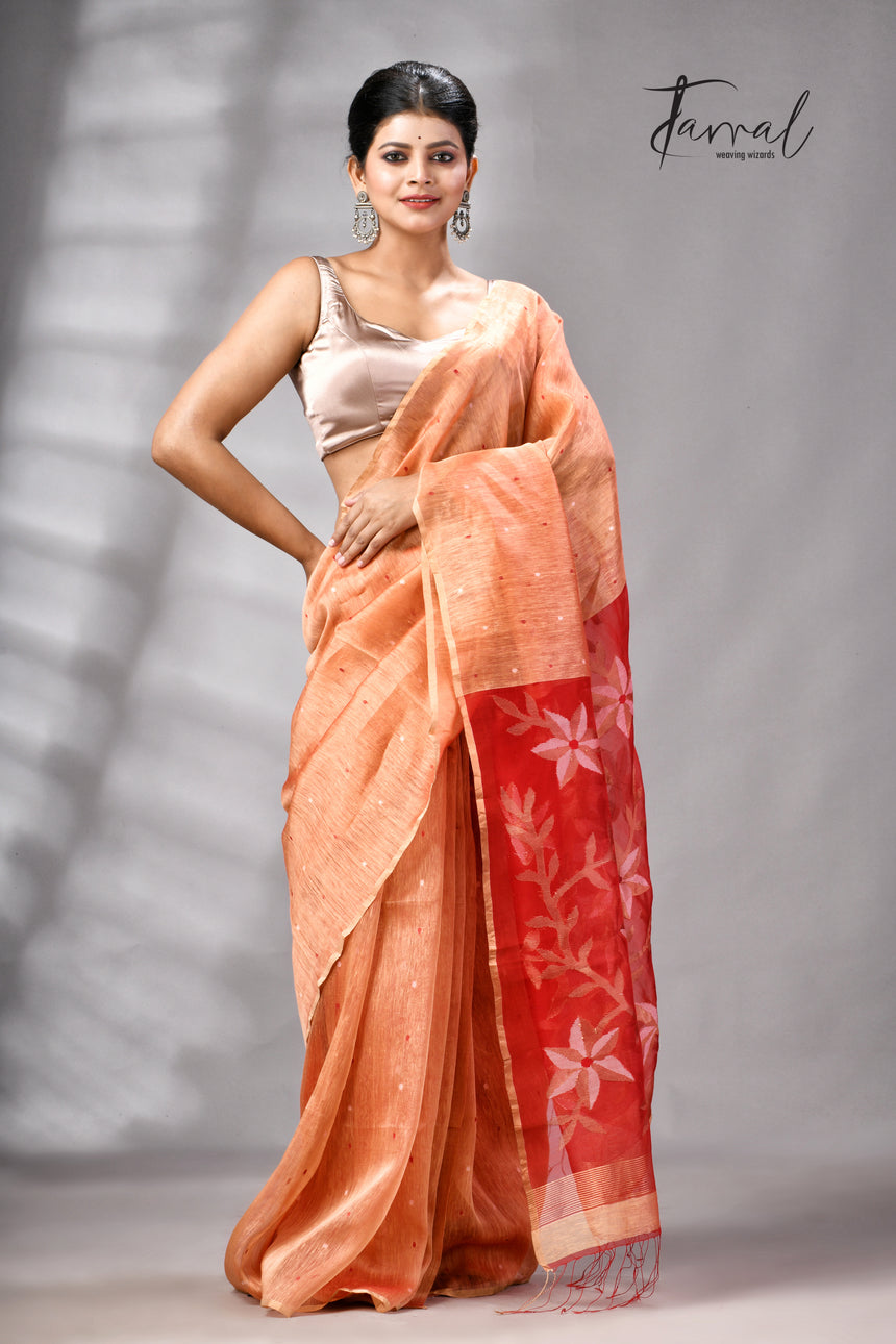 Saffron With Zari Border Silk Linen Handwoven Jamdani Saree