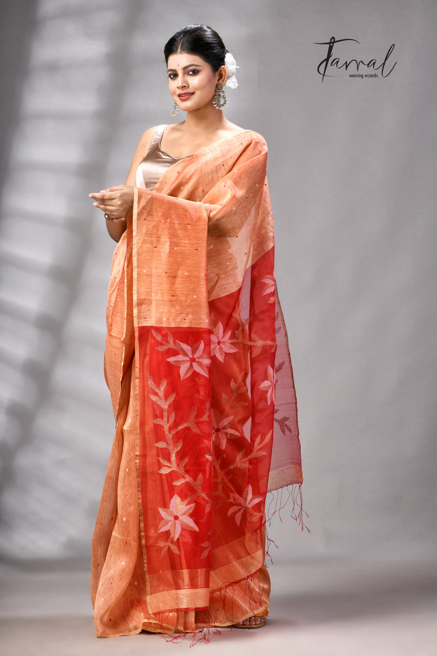Saffron With Zari Border Silk Linen Handwoven Jamdani Saree