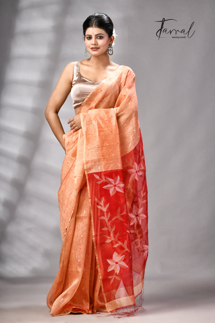 Saffron With Zari Border Silk Linen Handwoven Jamdani Saree