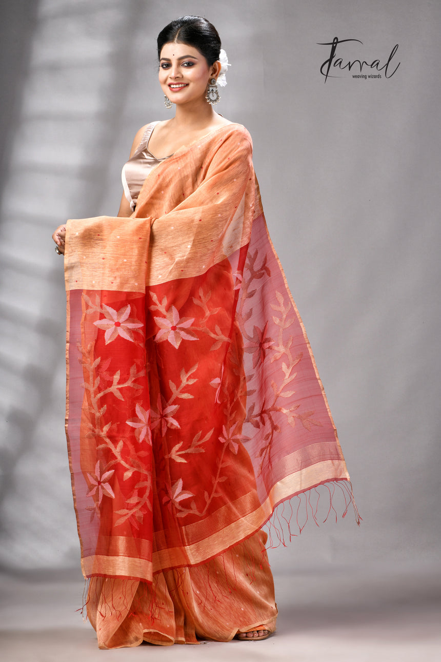 Saffron With Zari Border Silk Linen Handwoven Jamdani Saree