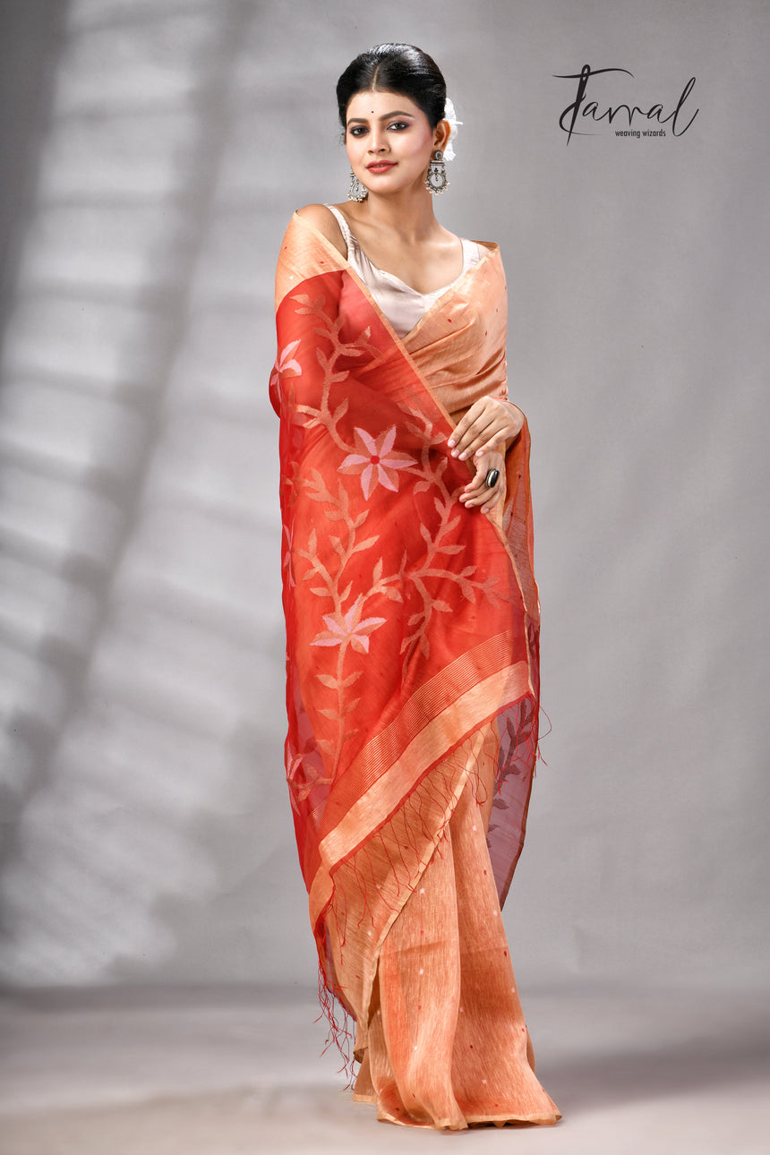 Saffron With Zari Border Silk Linen Handwoven Jamdani Saree