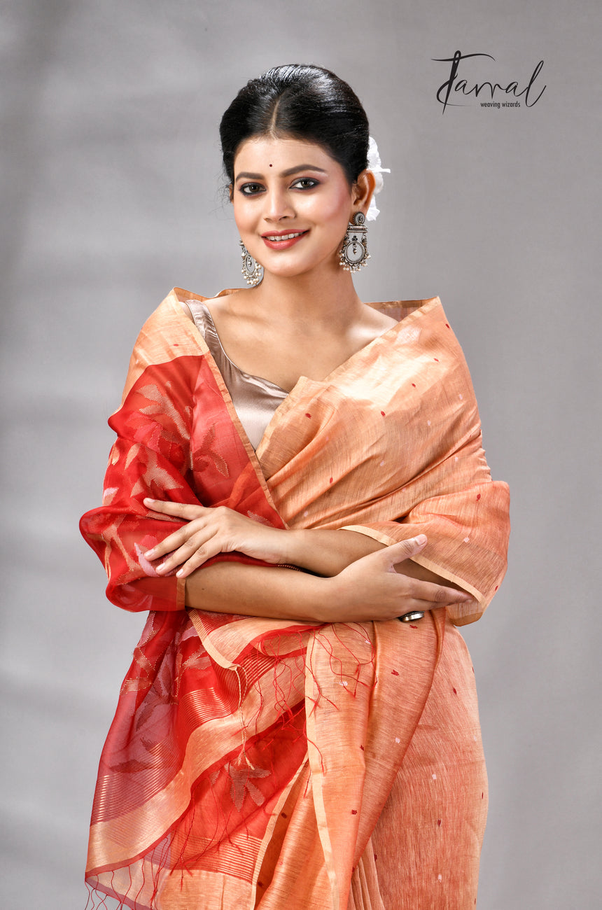 Saffron With Zari Border Silk Linen Handwoven Jamdani Saree