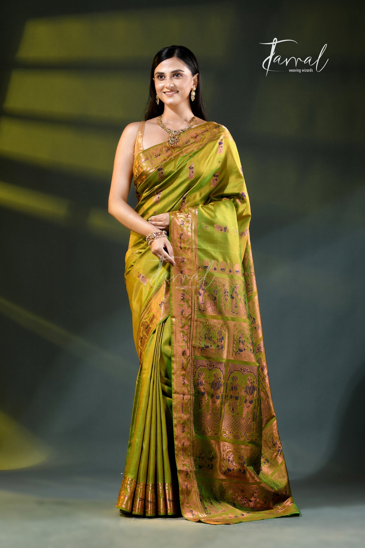 Parrot green with zari Minakari Bishnupuri Swarnachari silk saree