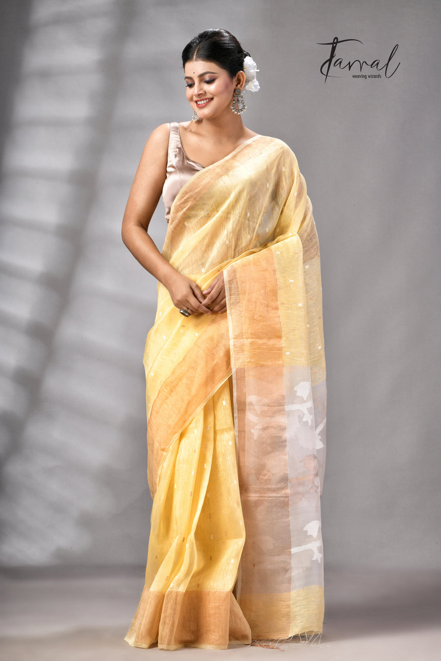 Light Yellow With Zari Border Silk Linen Handwoven Jamdani Saree
