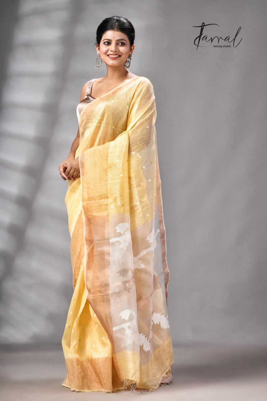 Light Yellow With Zari Border Silk Linen Handwoven Jamdani Saree