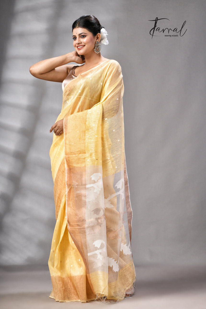 Light Yellow With Zari Border Silk Linen Handwoven Jamdani Saree