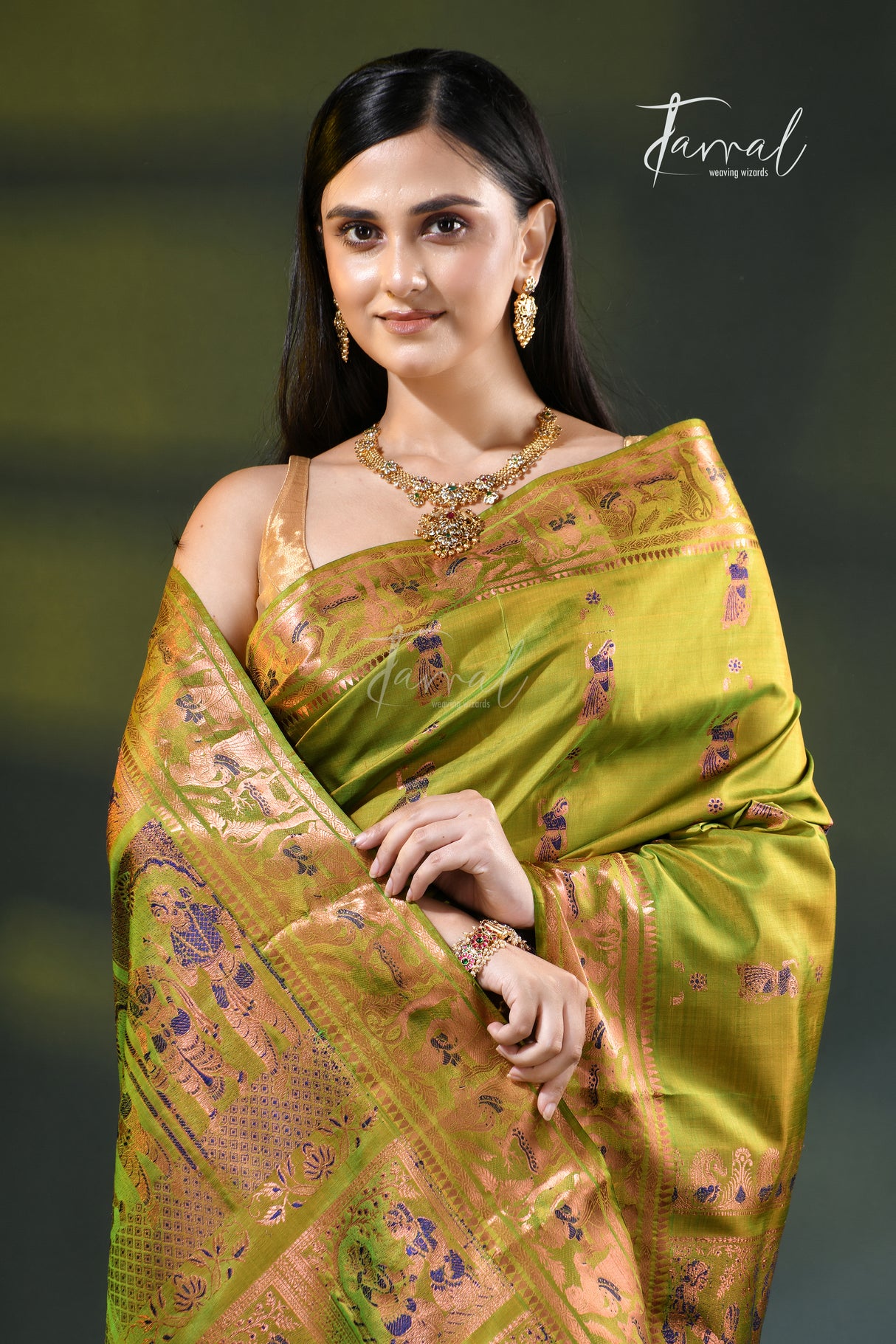 Parrot green with zari Minakari Bishnupuri Swarnachari silk saree