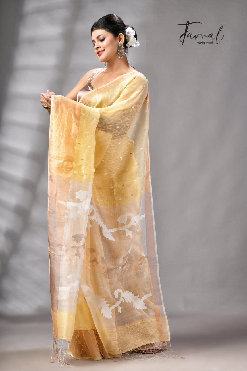 Light Yellow With Zari Border Silk Linen Handwoven Jamdani Saree