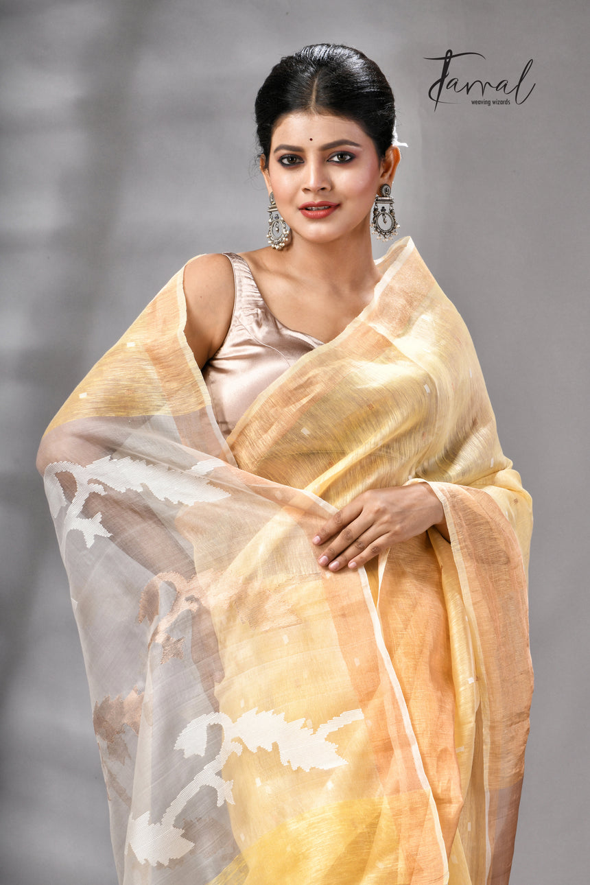 Light Yellow With Zari Border Silk Linen Handwoven Jamdani Saree