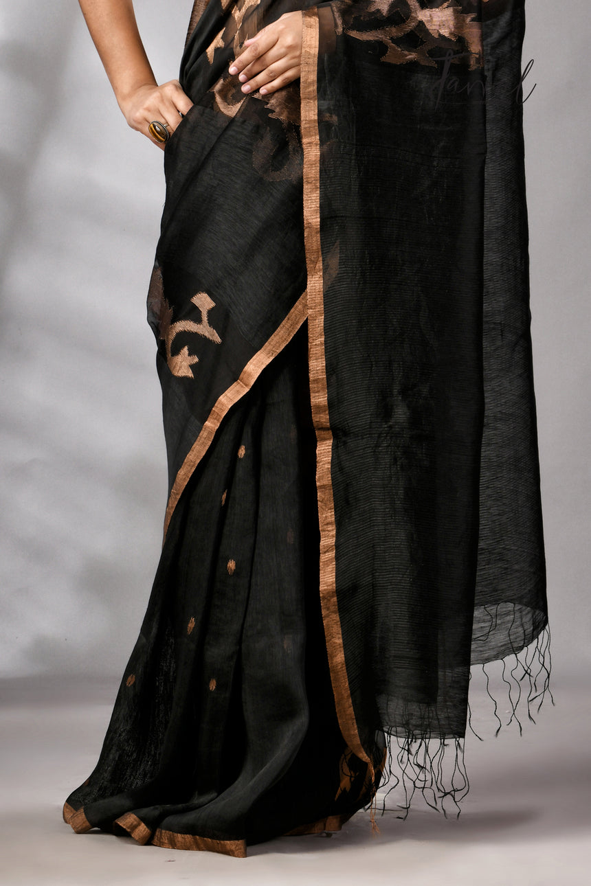 Black With Zari Border Pure Silk Linen Handwoven Jamdani Saree