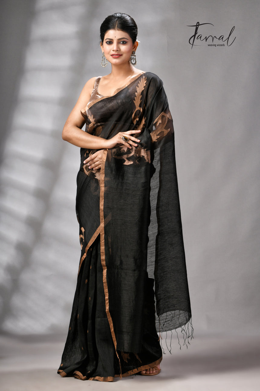 Black With Zari Border Pure Silk Linen Handwoven Jamdani Saree