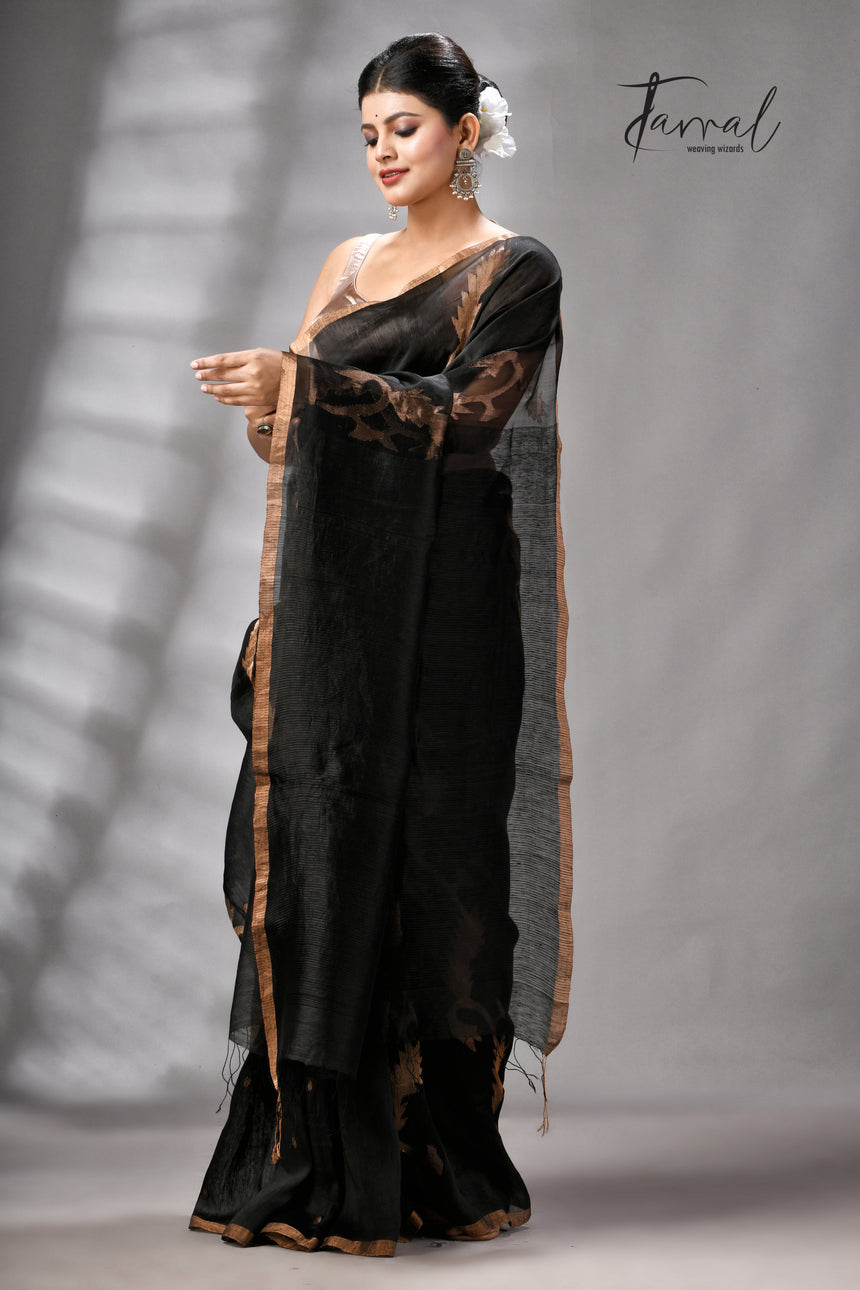 Black With Zari Border Pure Silk Linen Handwoven Jamdani Saree
