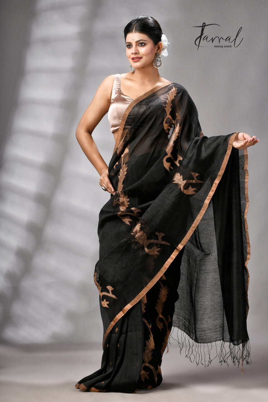 Black With Zari Border Pure Silk Linen Handwoven Jamdani Saree