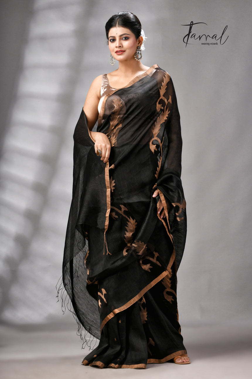 Black With Zari Border Pure Silk Linen Handwoven Jamdani Saree