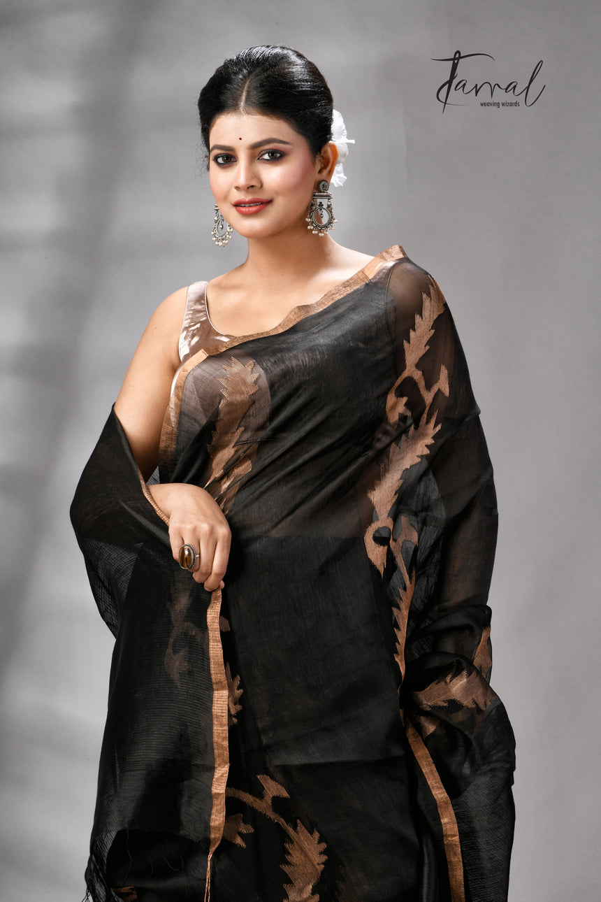 Black With Zari Border Pure Silk Linen Handwoven Jamdani Saree