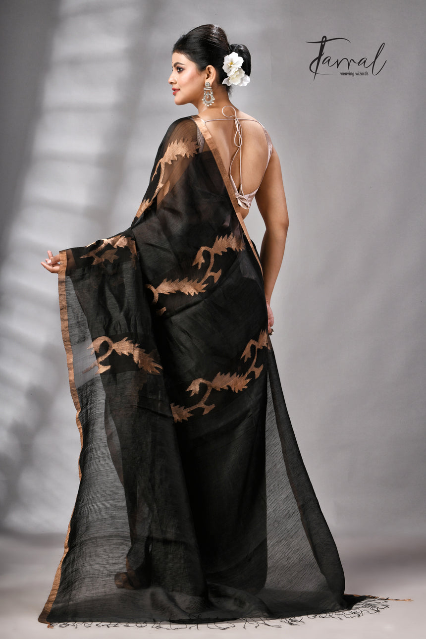 Black With Zari Border Pure Silk Linen Handwoven Jamdani Saree