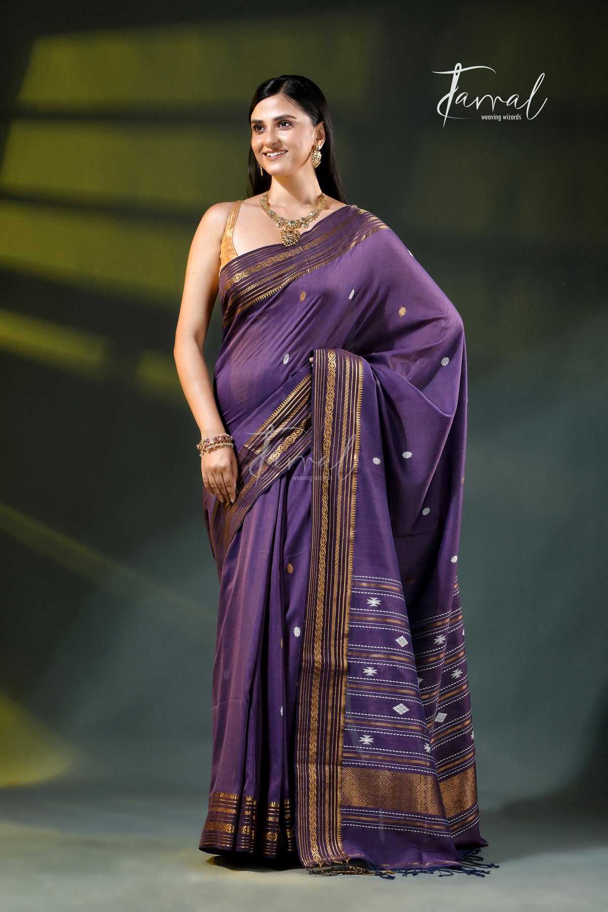 Purple Golden Zari Border Cotton Bhujori Handloom Saree | Tamal Boutique