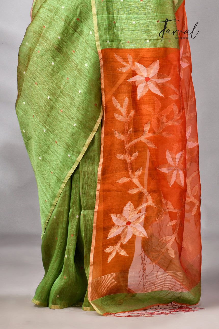 Parrot Green Silk Linen Handwoven Jamdani Saree
