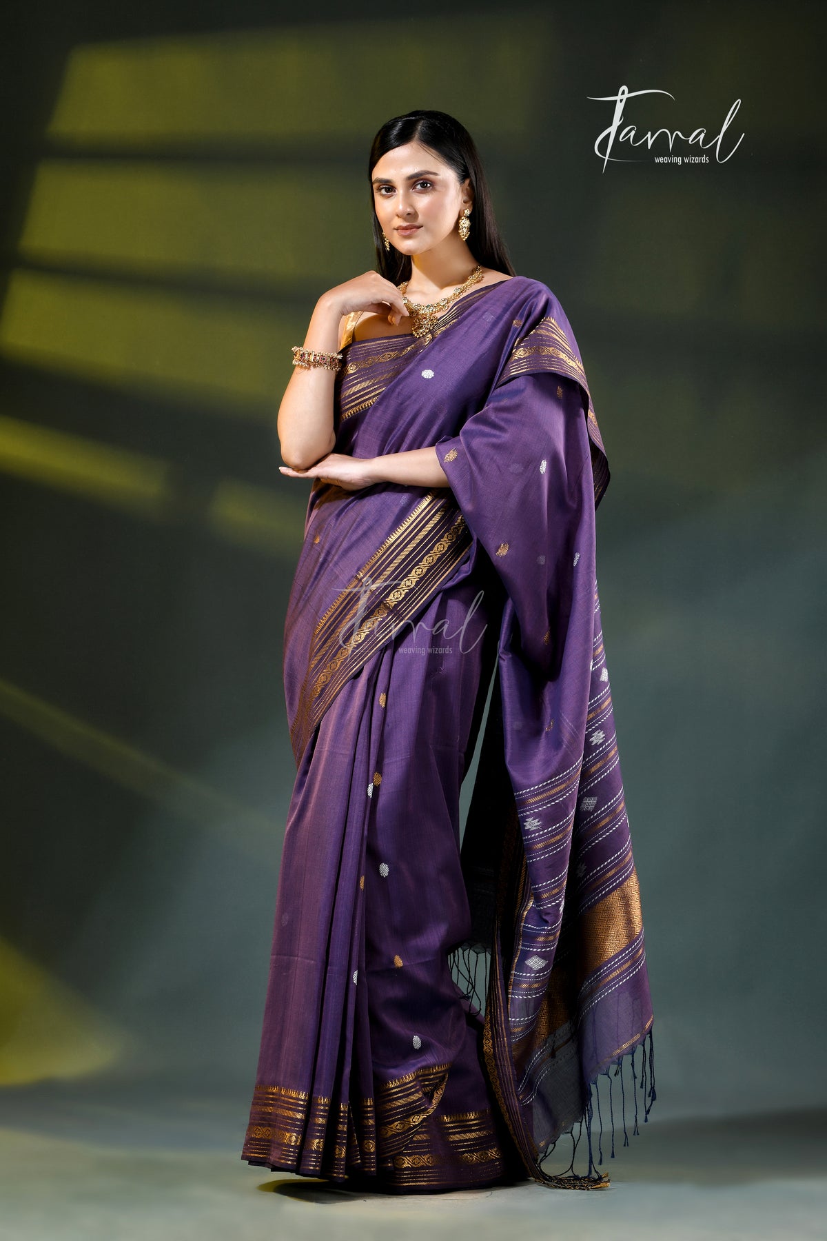 Purple Golden Zari Border Cotton Bhujori Handloom Saree | Tamal Boutique