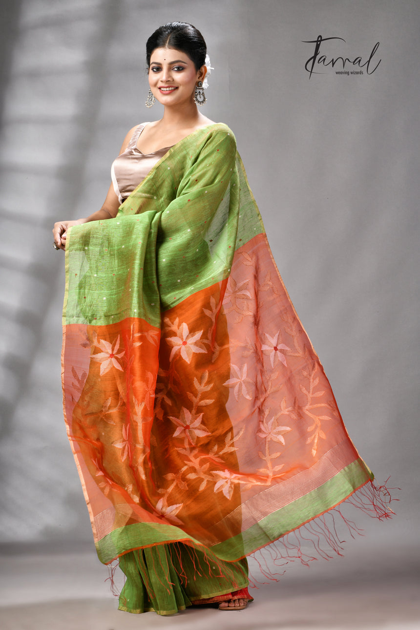 Parrot Green Silk Linen Handwoven Jamdani Saree