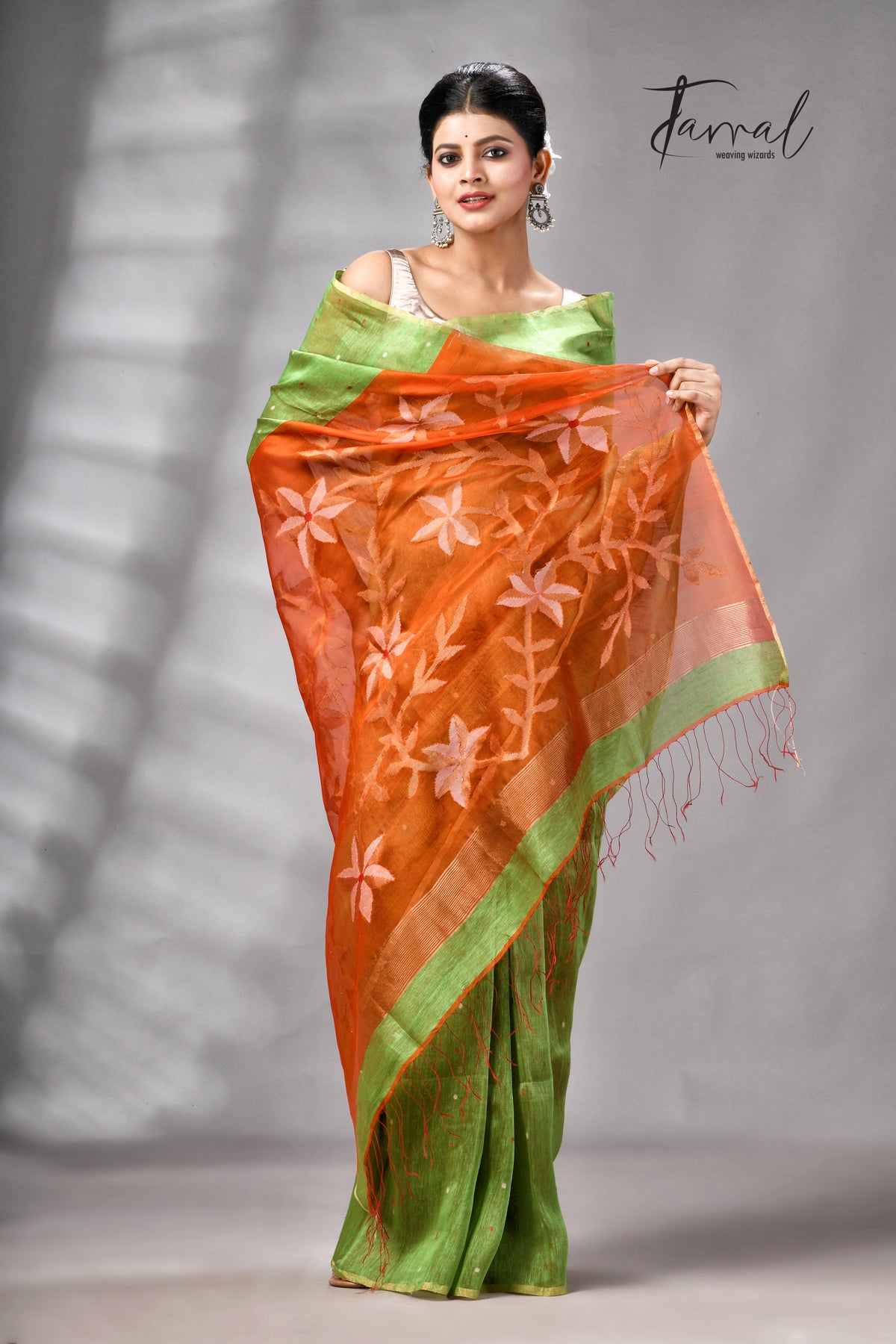Parrot Green Silk Linen Handwoven Jamdani Saree