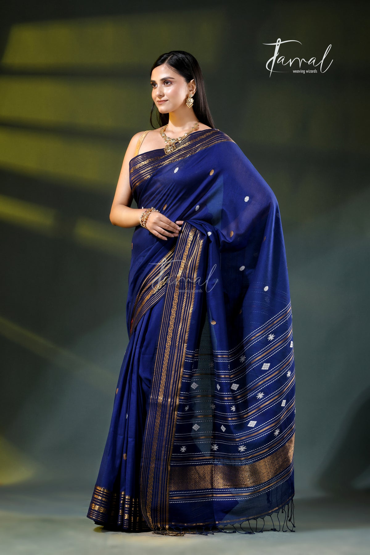 Navy Blue Zari Border Cotton Bhujori Handloom Saree | Tamal Boutique