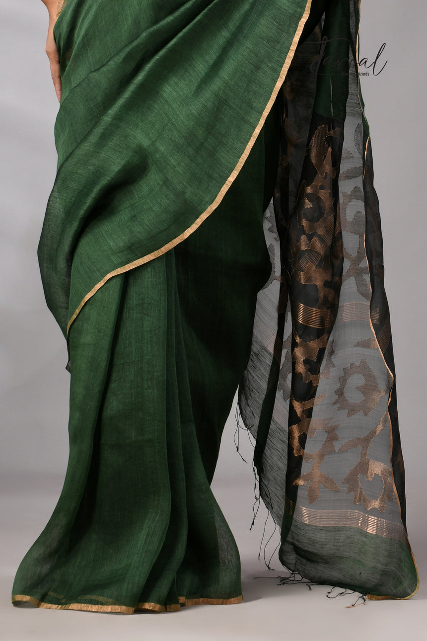 Bottle Green Silk Linen Jamdani Saree with Sunflower Motifs