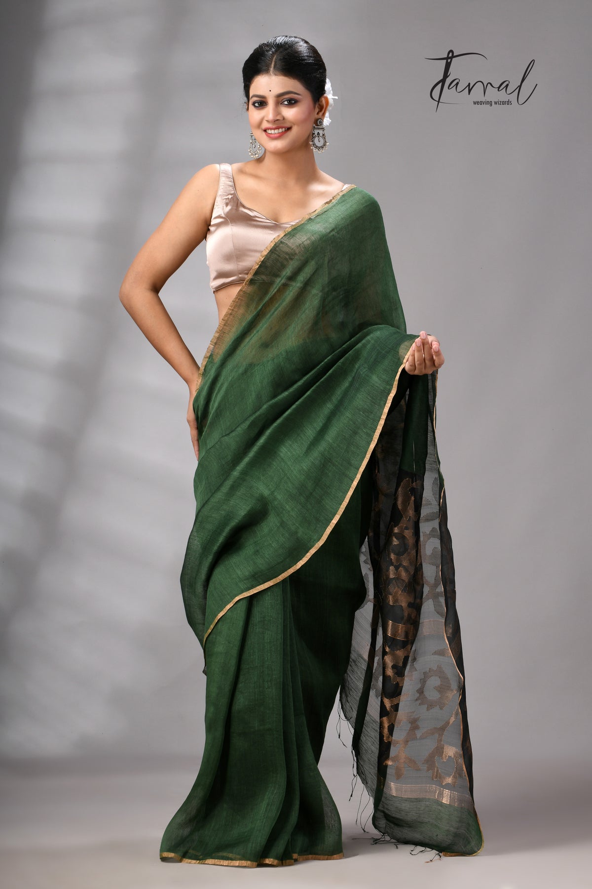 Bottle Green Silk Linen Jamdani Saree With Sunflower Motifs