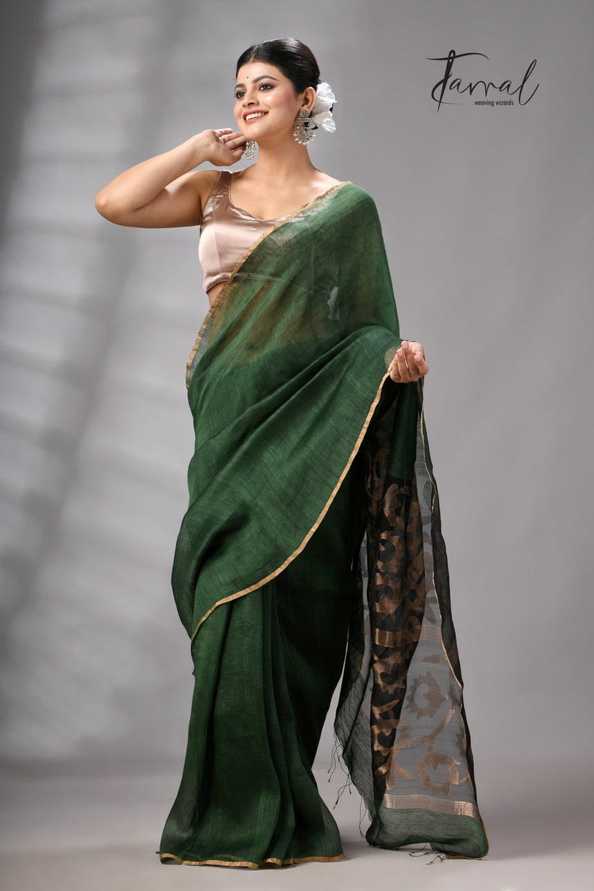 Bottle Green Silk Linen Jamdani Saree with Sunflower Motifs
