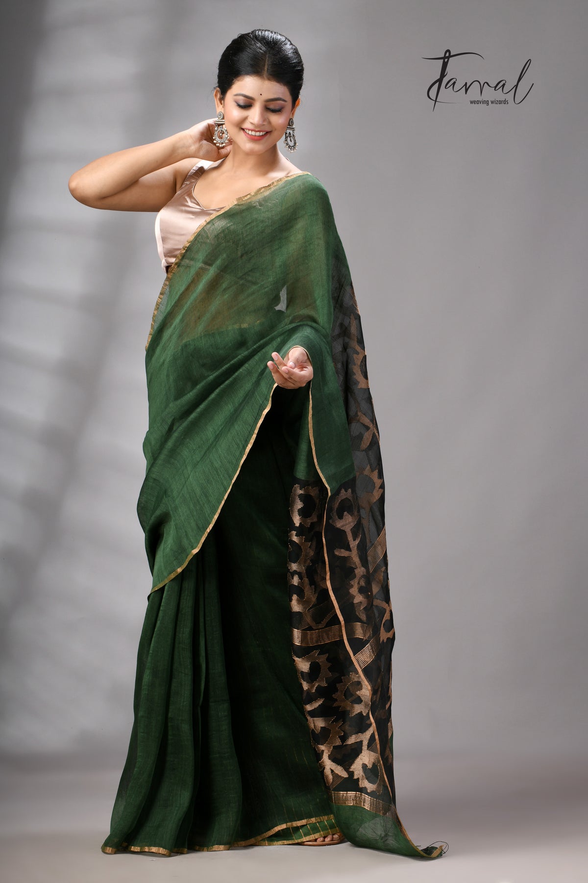 Bottle Green Silk Linen Jamdani Saree With Sunflower Motifs