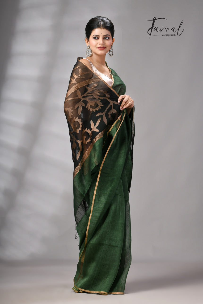 Bottle Green Silk Linen Jamdani Saree with Sunflower Motifs