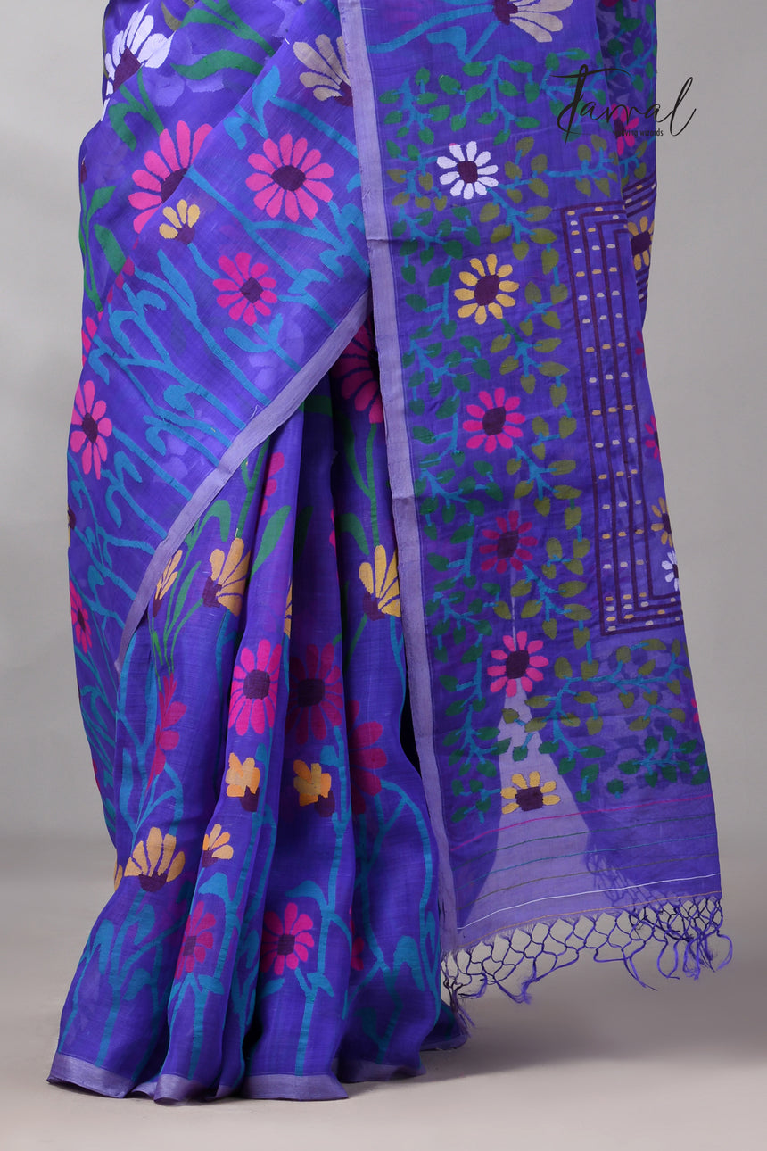 Blue Muslin Silk Jamdani Saree Featuring Multicolour Sunflower Motifs