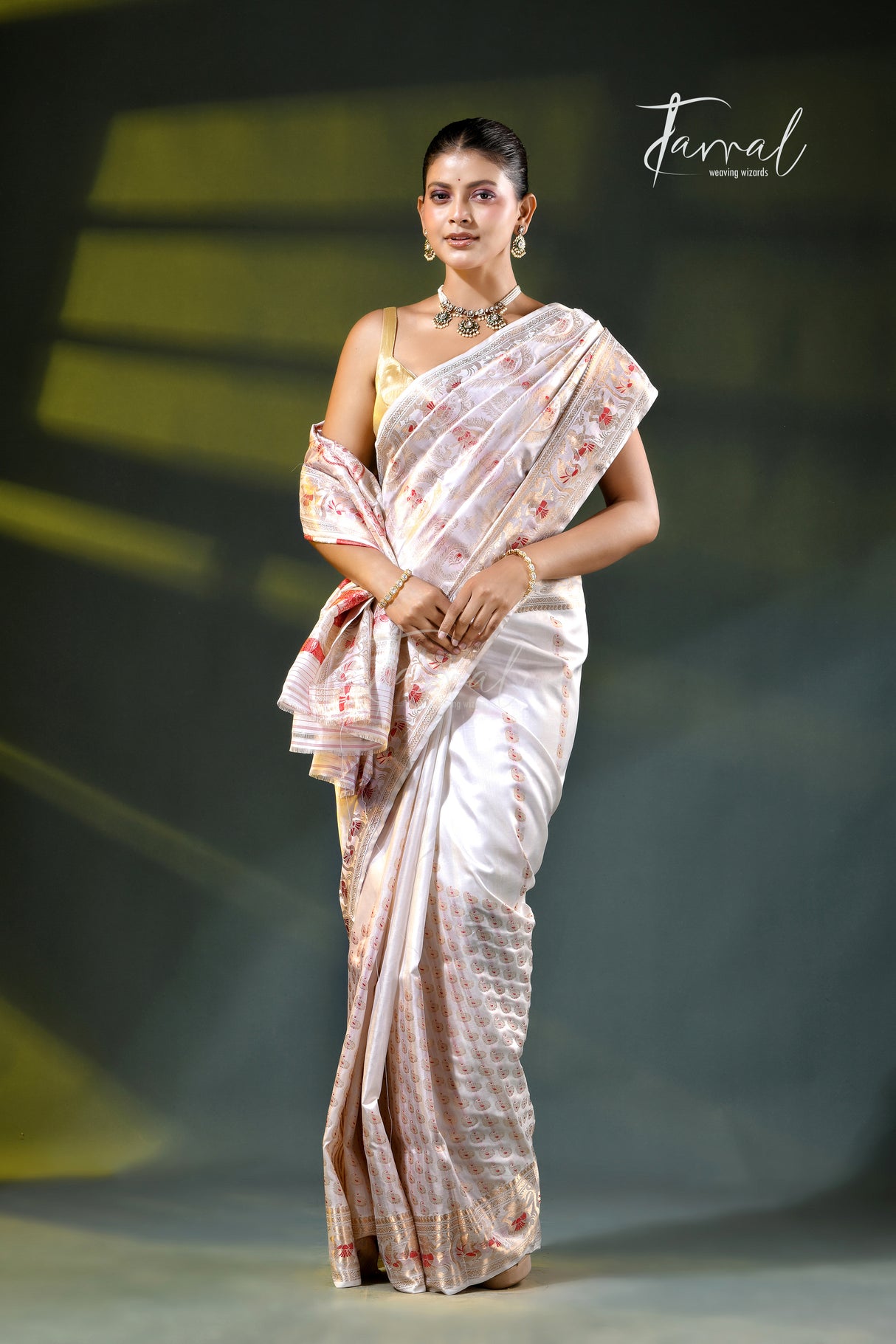 Offwhite with golden zari and red Minakari Bishnupuri Swarnachari silk saree