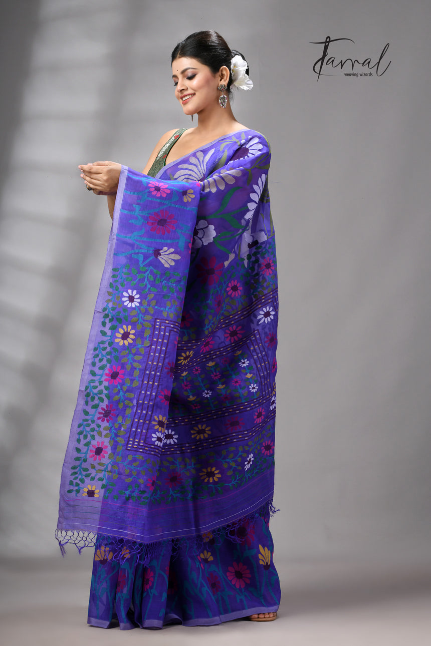 Blue Muslin Silk Jamdani Saree Featuring Multicolour Sunflower Motifs