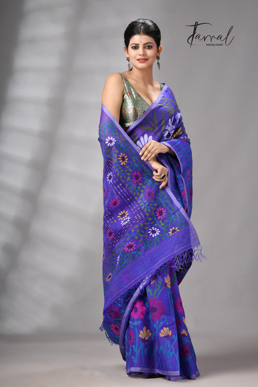 Blue Muslin Silk Jamdani Saree Featuring Multicolour Sunflower Motifs