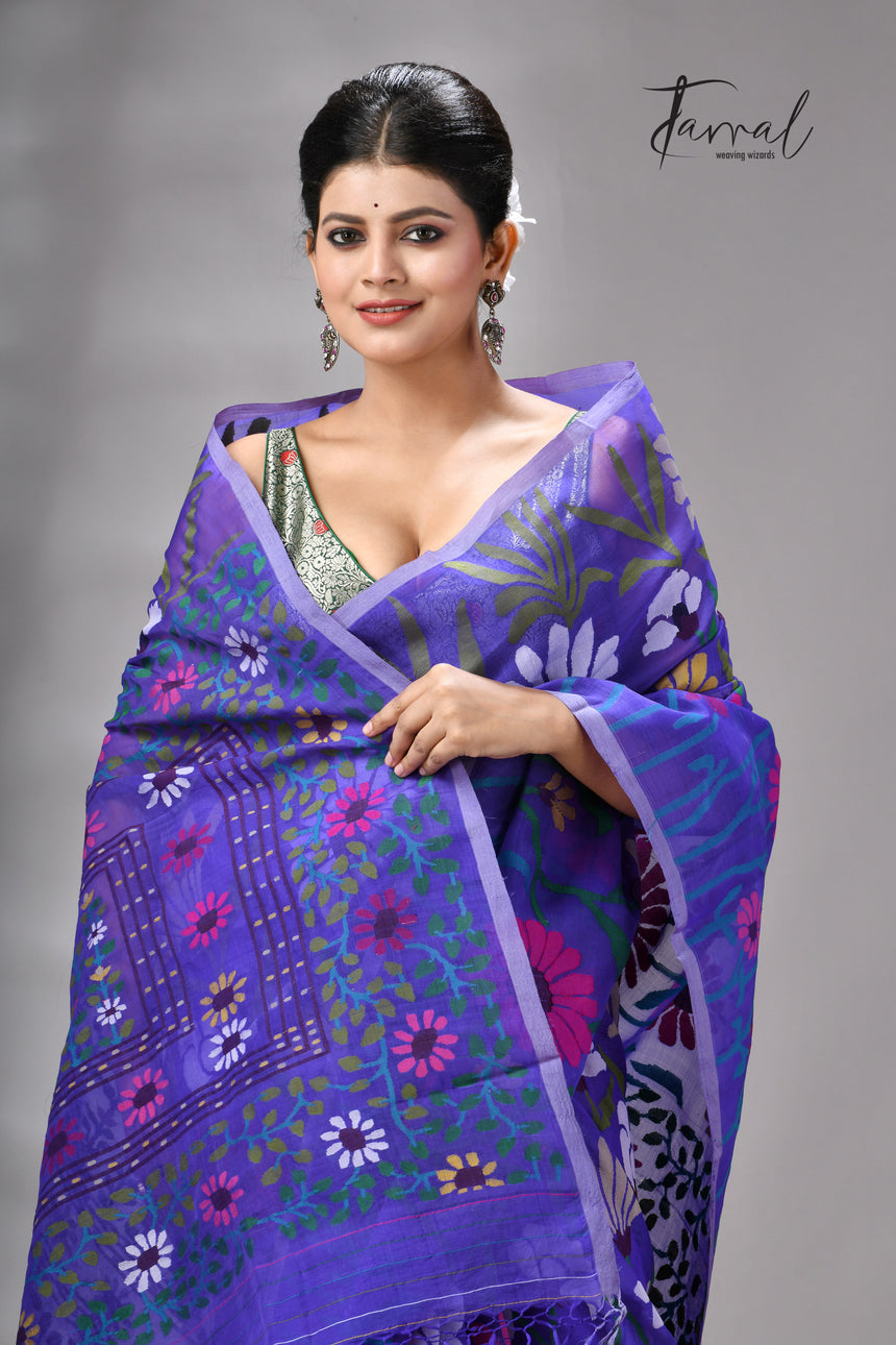 Blue Muslin Silk Jamdani Saree Featuring Multicolour Sunflower Motifs