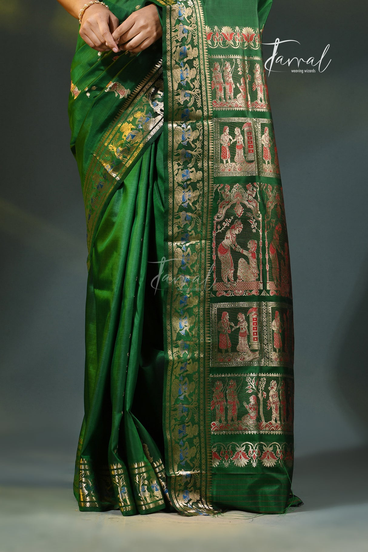 Bottle green with golden zari bishnupuri swarnachari silk handloom saree