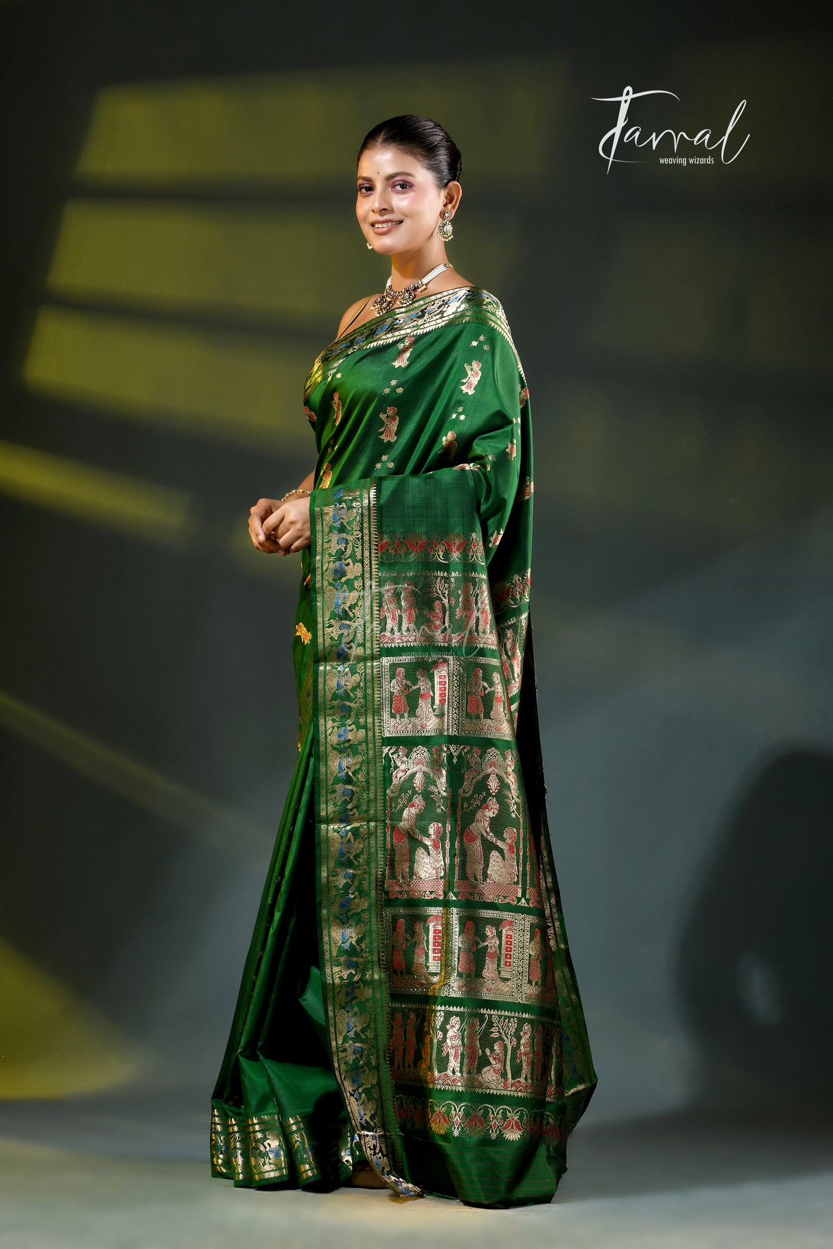 Bottle green with golden zari bishnupuri swarnachari silk handloom saree