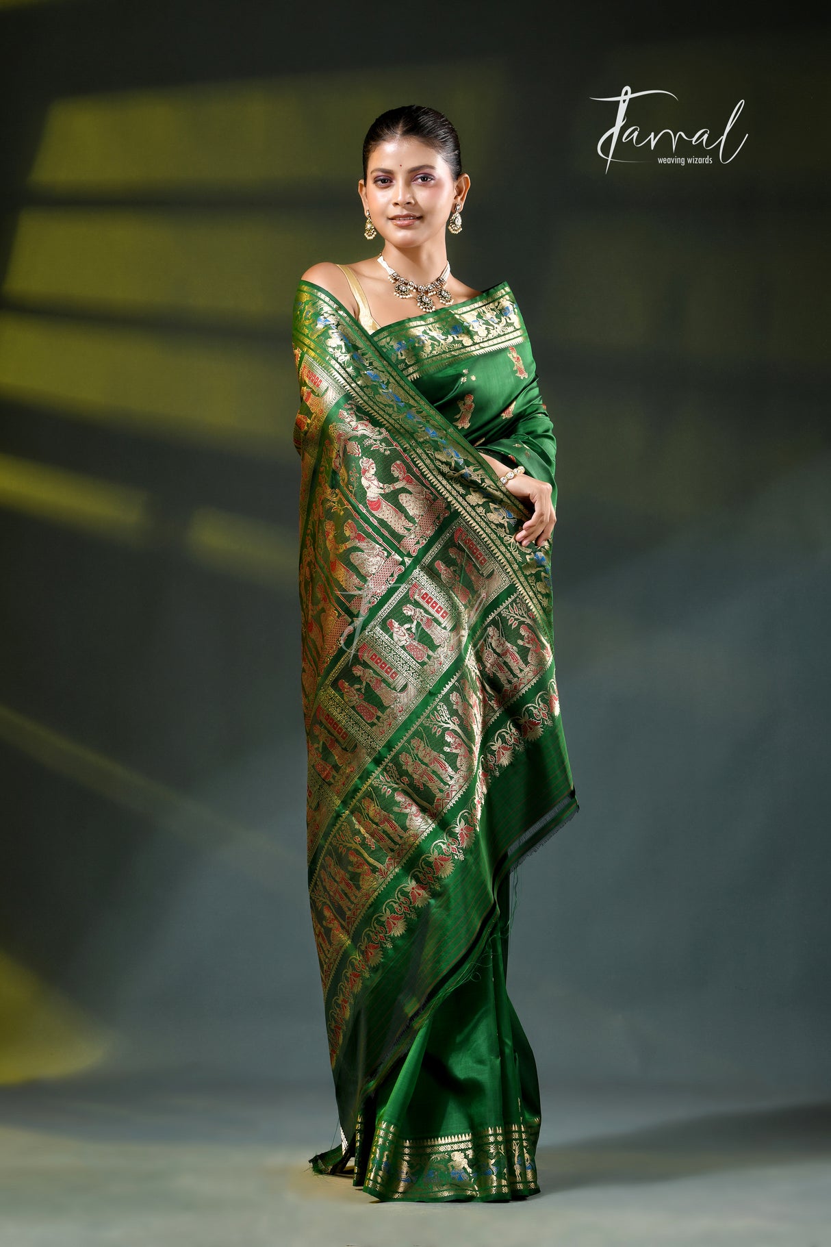 Bottle green with golden zari bishnupuri swarnachari silk handloom saree