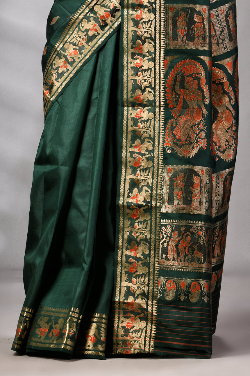 Bottle Green Bishnupuri Katan Swarnachari Silk Handloom Saree
