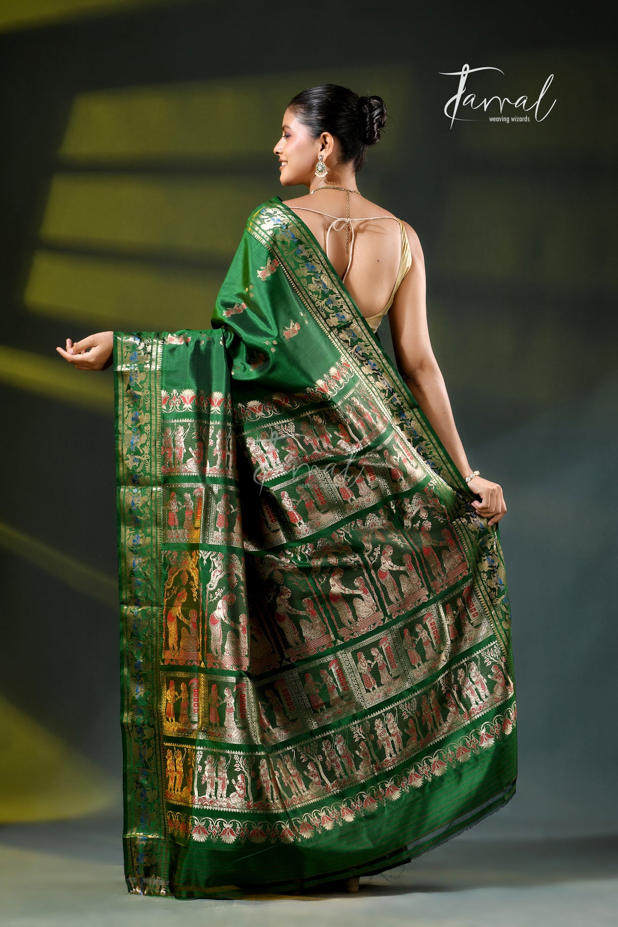 Bottle green with golden zari bishnupuri swarnachari silk handloom saree