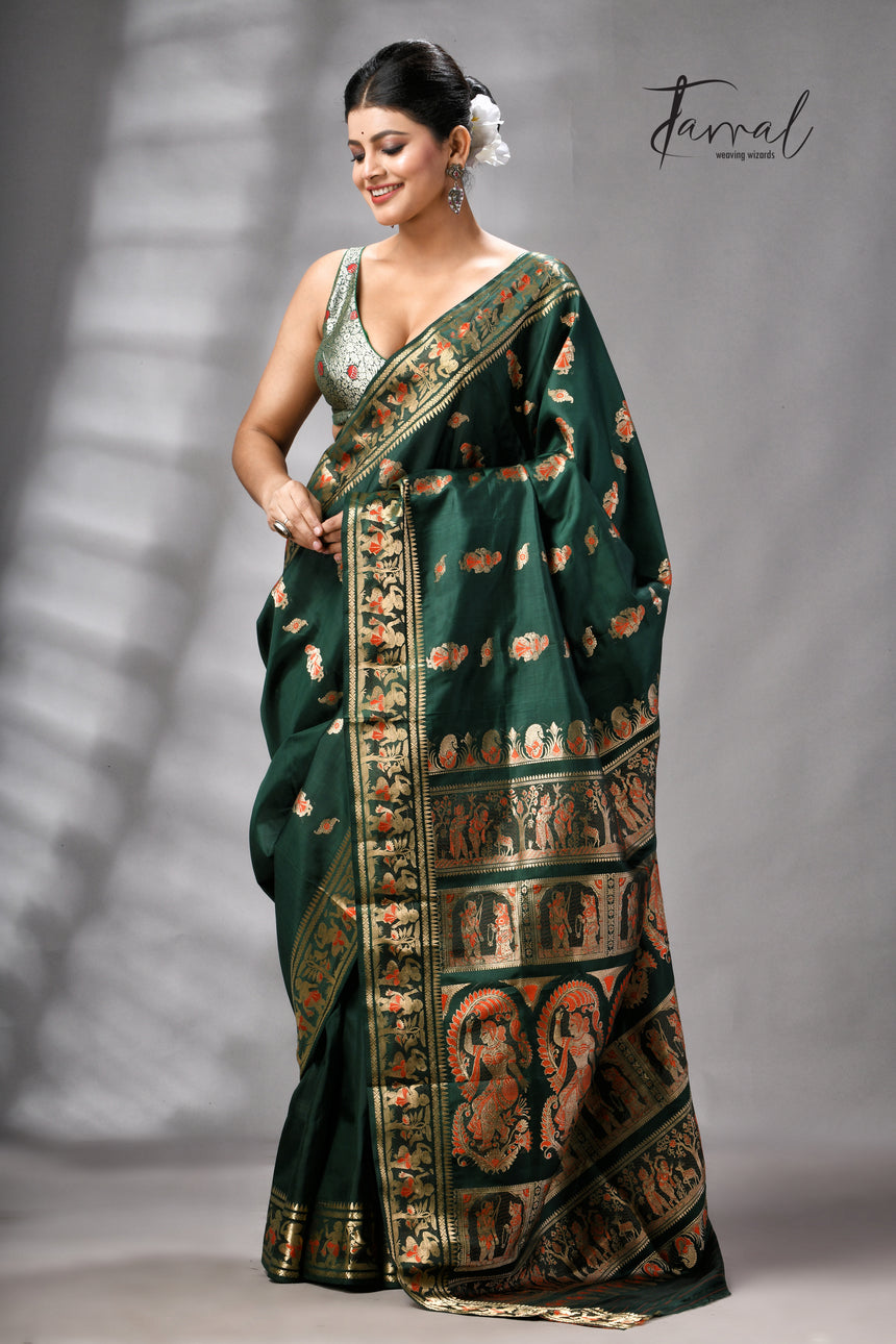 Bottle Green Bishnupuri Katan Swarnachari Silk Handloom Saree