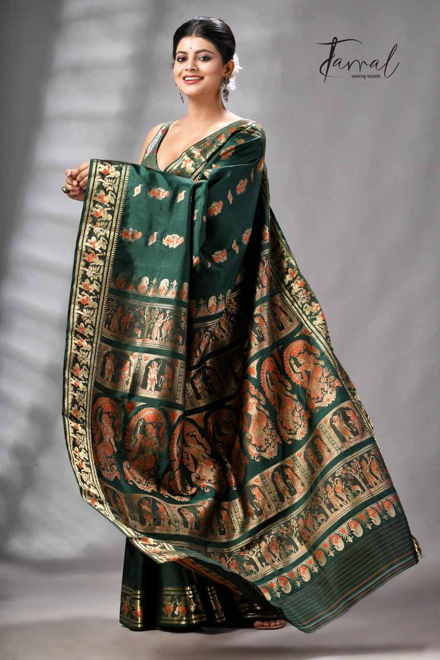 Bottle Green Bishnupuri Katan Swarnachari Silk Handloom Saree